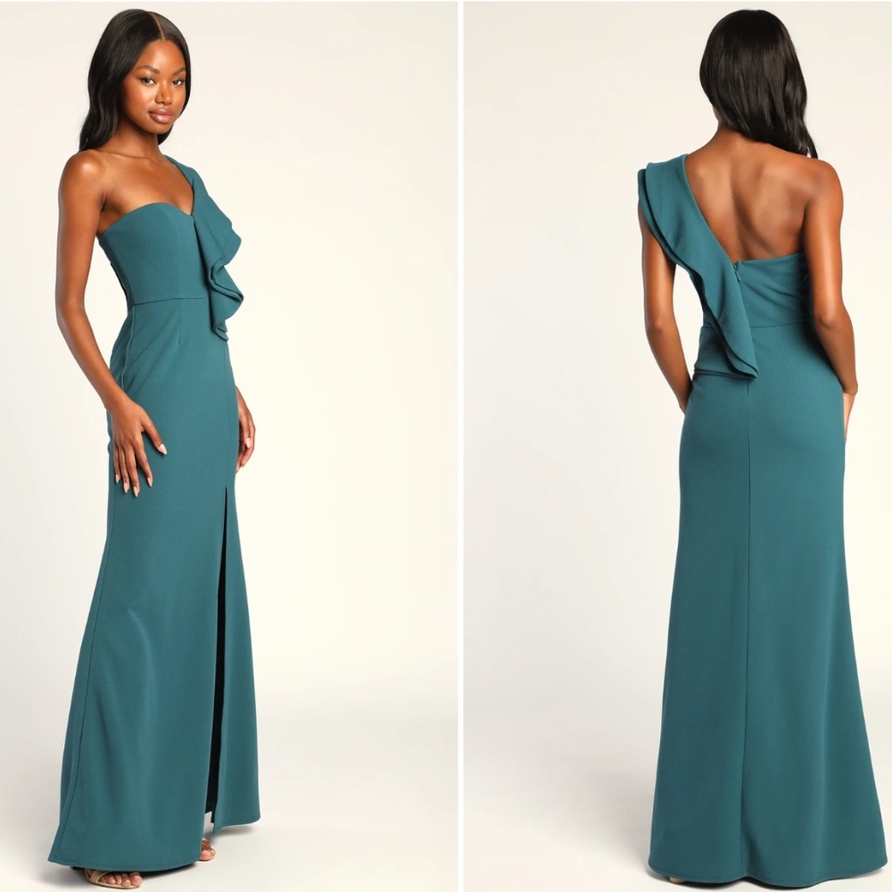 Kiss Me Again Teal Ruffled One-Shoulder Maxi Dress Lulus
